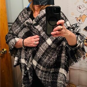 Women's Black and White Plaid Poncho